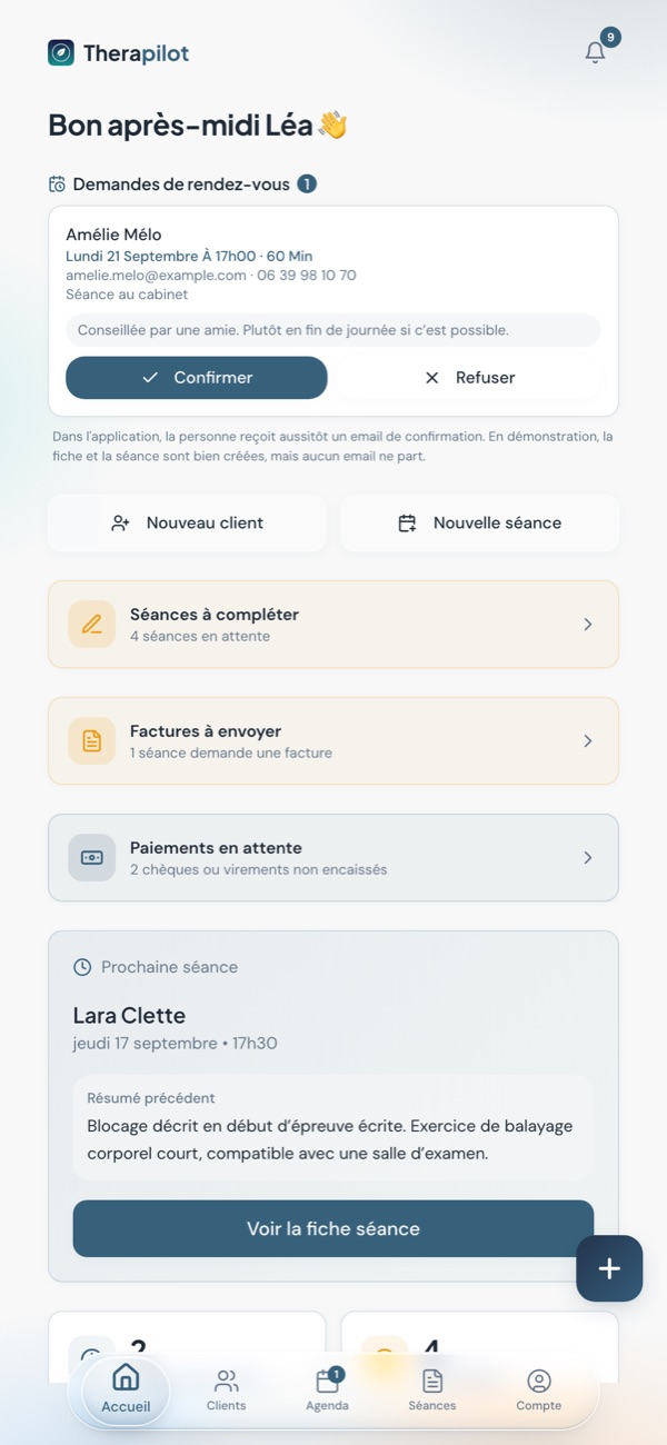 Le tableau de bord de Therapilot : la prochaine séance, le résumé de la précédente, les séances à compléter.