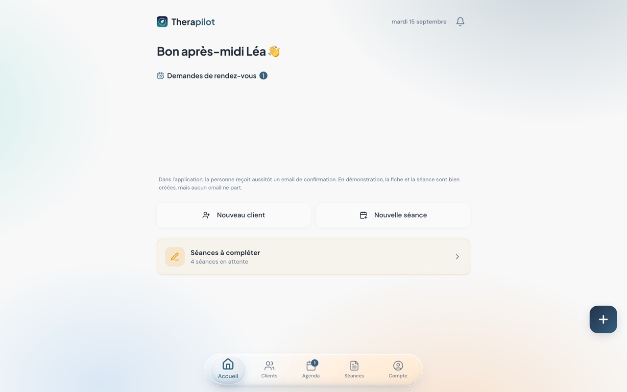 Therapilot ouvert dans un navigateur sur ordinateur.